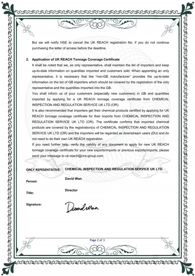 UK REACH Certificate Zhejiang